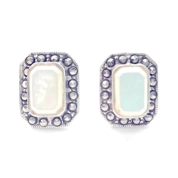 White Mother Of Pearl Sterling Silver 925 Marcasite Halo Post Earrings - Picture 1 of 2